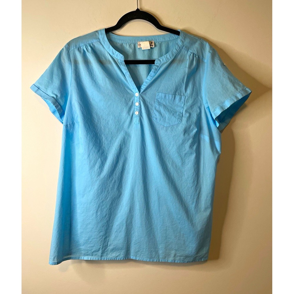 Collection L Blouse Womens 14 Blue Cotton Henley Roll Tab Sleeve Casual Career